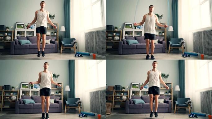 运动员跳绳训练在家独自穿着运动服和运动鞋