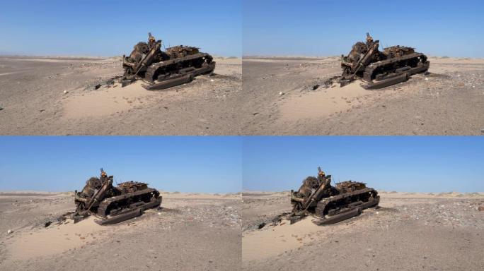 纳米比亚骷髅海岸国家公园Westies钻石矿的推土机残骸的4k视图