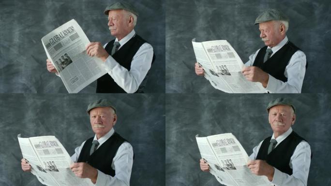 穿着优雅的高级男子阅读报纸