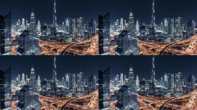 迪拜夜间天际线的T/L视图/迪拜，阿联酋