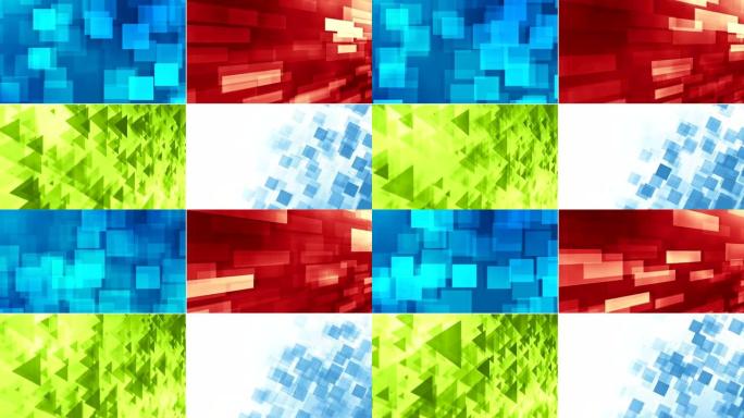抽象彩色不同的几何形状 (三角形，矩形，块，立方体，盒子) 背景与复制空间。四个不同视频的拼贴画。