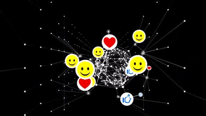 微笑，竖起大拇指和心形符号循环3d动画。社交媒体图标与网络网格无缝移动。