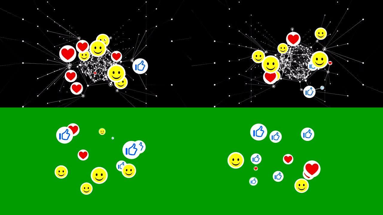 微笑，竖起大拇指和心形符号循环3d动画。社交媒体图标与网络网格无缝移动。