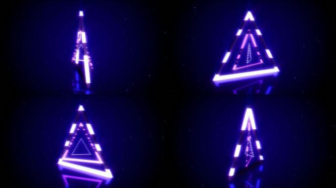 具有反射的现代荧光灯照明中闪亮的霓虹灯三角形的旋转，3D无缝循环动画