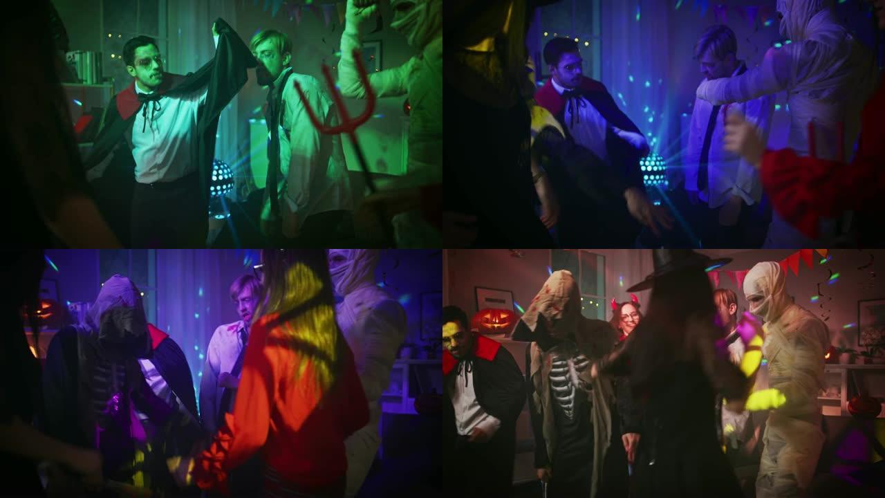 万圣节服装派对: 一群怪物在装饰有迪斯科球灯的房间里跳舞。脑死亡僵尸，嗜血德古拉，绷带木乃伊美丽的女
