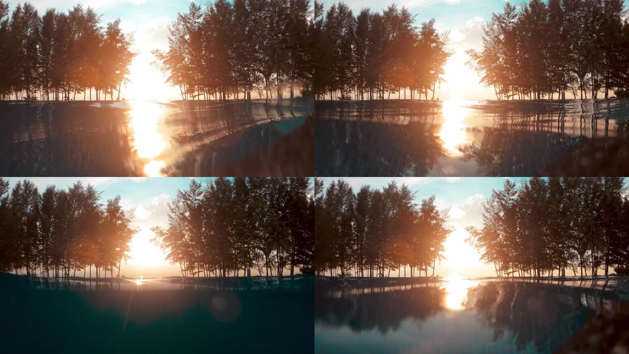 游泳池的日落波浪起伏流动流淌黄昏夕阳