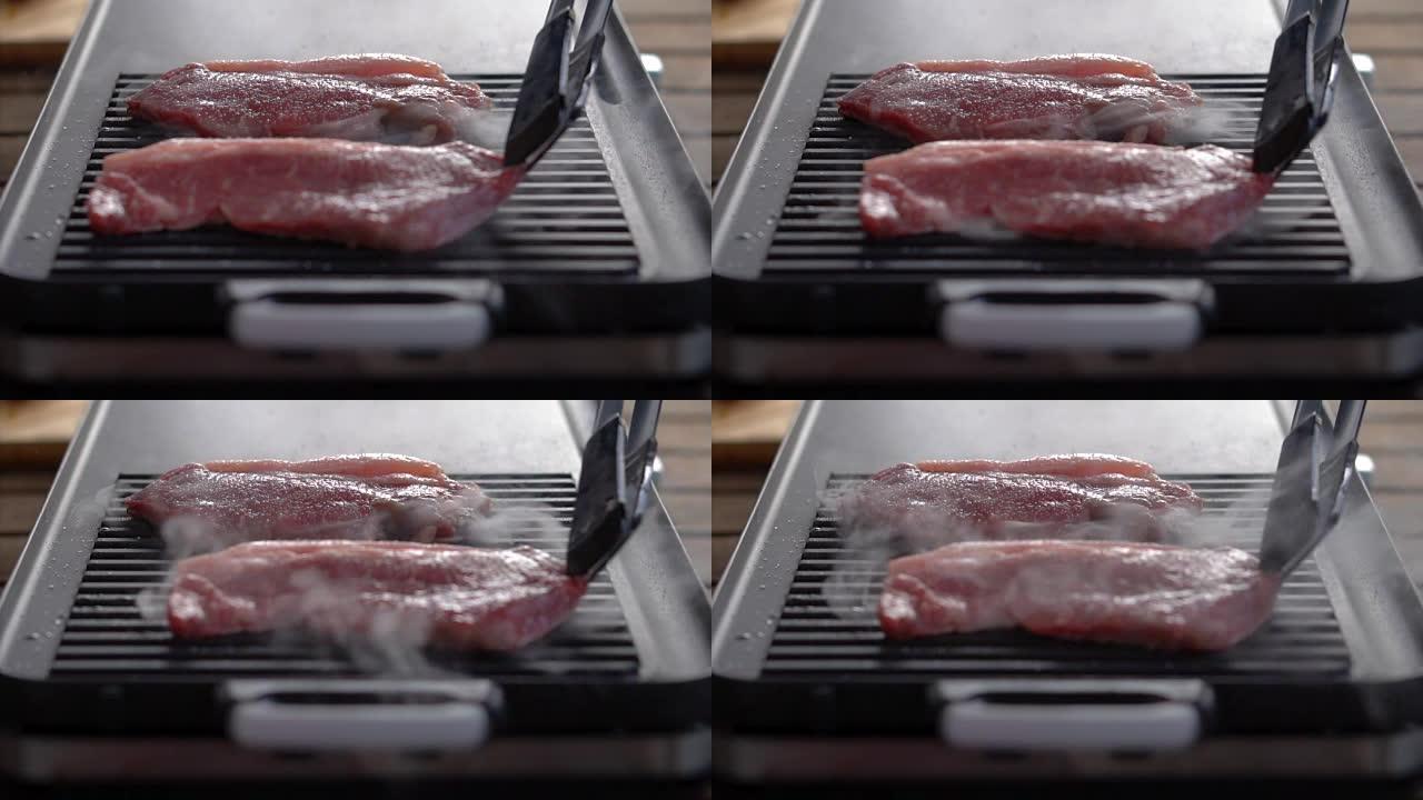 肉慢动作特写烤肉煎肉不粘锅