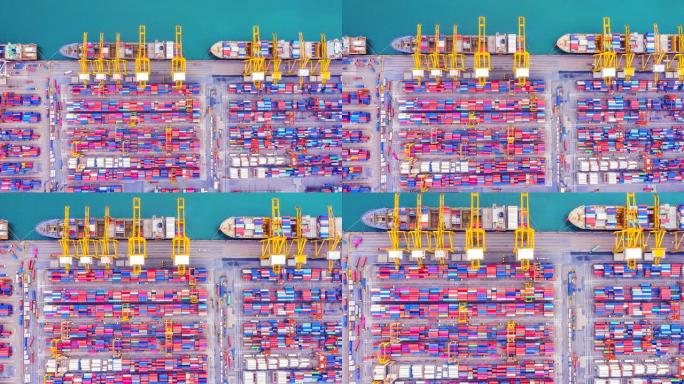 4K，延时工业港口，从顶视图或鸟瞰图看集装箱。它是进出口货物港口，是全球船坞和出口产品的一部分