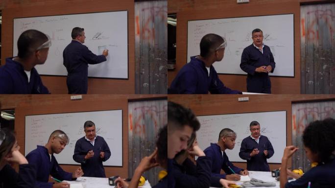 一群学生在工作坊课上注意老师，而他正在使用白板进行解释