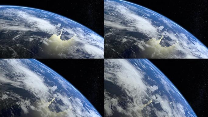 地球。从太空看。摄像机接近地球并向左旋转。星星闪烁。4K.逼真的氛围。3D体积云。框架里没有太阳。