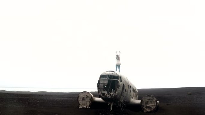 自由: loppeysa的年轻女子站在冰岛黑海滩上breaker DC-3 BMC飞机的顶部的后视图