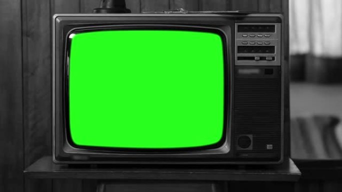 绿屏老式电视。黑白色调。变焦镜头。