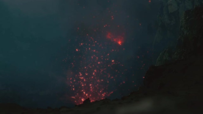 特写: 剧烈火山爆发时，危险的热岩浆在空气中爆炸。