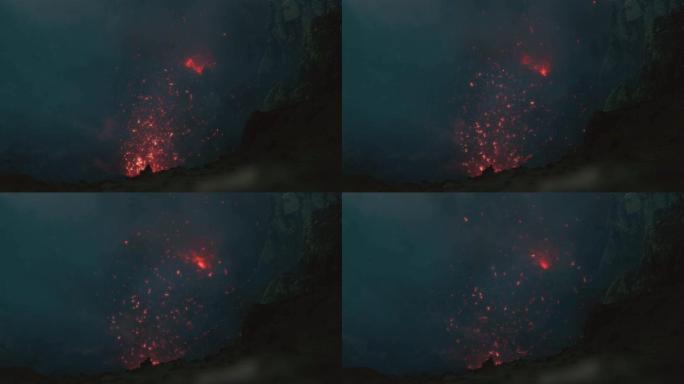 特写: 剧烈火山爆发时，危险的热岩浆在空气中爆炸。