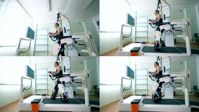 现代机器人医疗恢复设备上的残疾人。医疗机器人。