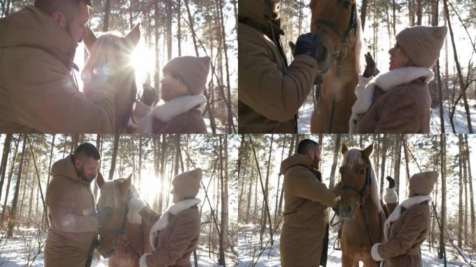 夫妇在树林里爱抚马
