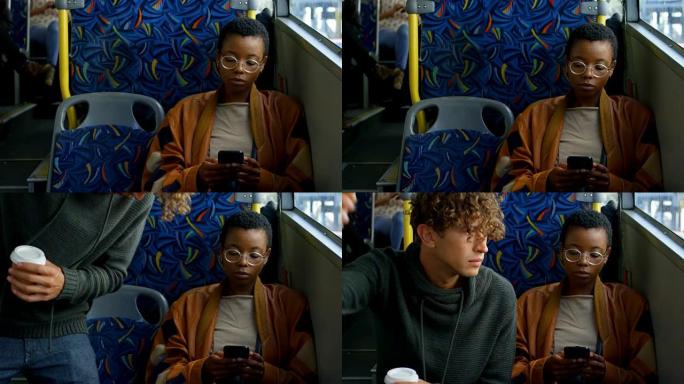女性通勤者在公交4k中使用手机