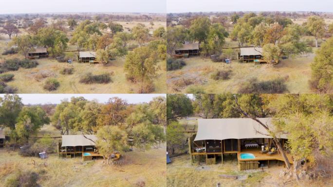 博茨瓦纳奥卡万戈三角洲图鲁迪野生动物园营地的客人帐篷的空中变焦