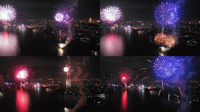 空中庆祝城市烟花过年焰火秀炫丽