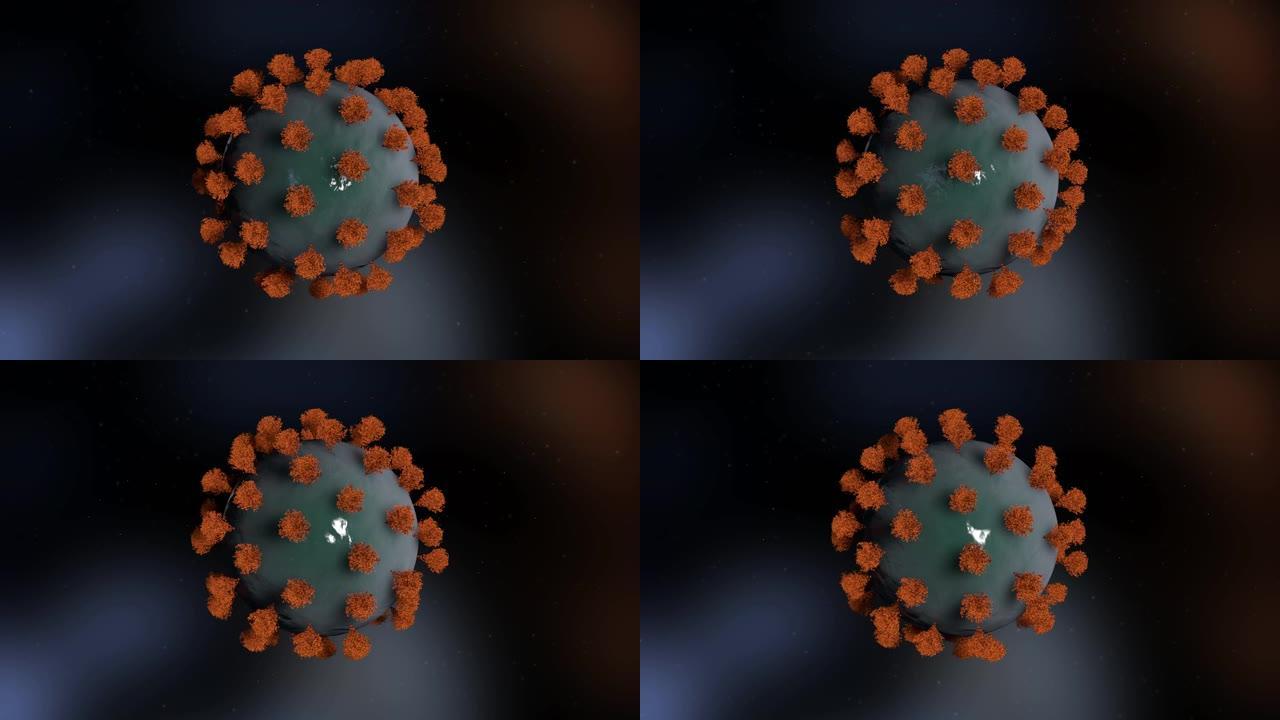 新型冠状病毒肺炎。冠状病毒。带有刷子的绿色病毒细胞在现实的背景上旋转。飞行粒子。4K. 3D动画。