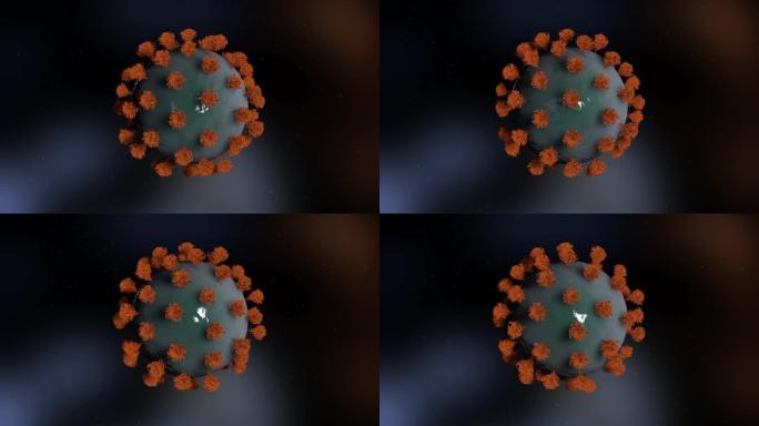 新型冠状病毒肺炎。冠状病毒。带有刷子的绿色病毒细胞在现实的背景上旋转。飞行粒子。4K. 3D动画。