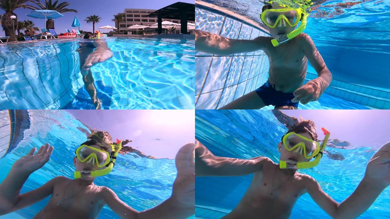 一个男孩戴着潜水面具漂浮在游泳池里