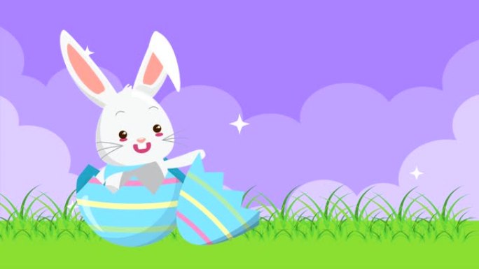 快乐复活节动画卡，带彩蛋和营地中的兔子