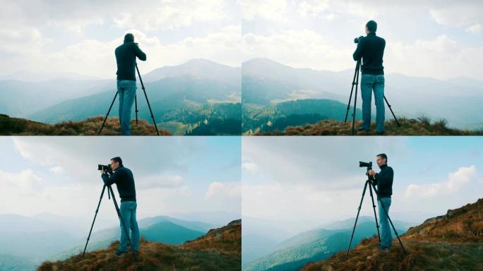 用相机拍摄山脉的男性