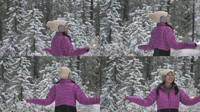 享受降雪的女人，慢动作