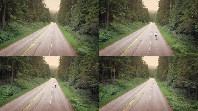 日落时在森林路上骑自行车的人