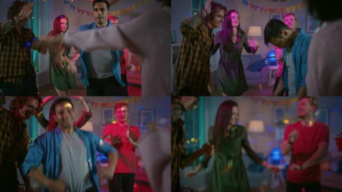 在野外聚会上: 英俊的西班牙裔家伙在霓虹灯下充满活力地跳舞。在背景中，其他青少年玩得开心，泡吧。