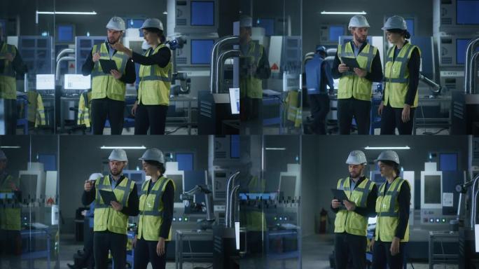 现代工厂: 男女工程师穿着安全夹克，站在工业车间的安全帽，说话和使用平板电脑。拥有数控机械、机械臂生