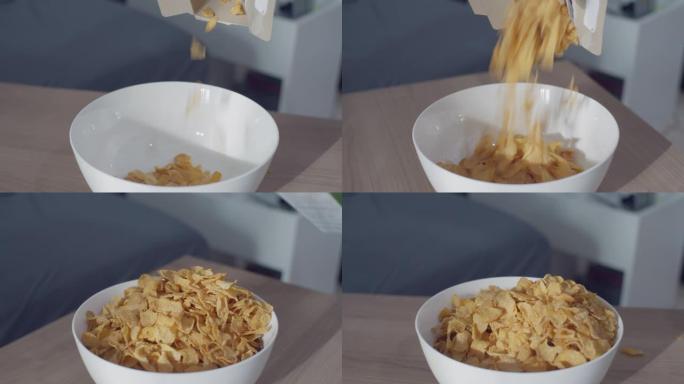 玉米片掉进碗里，慢动作带旋转跟踪镜头