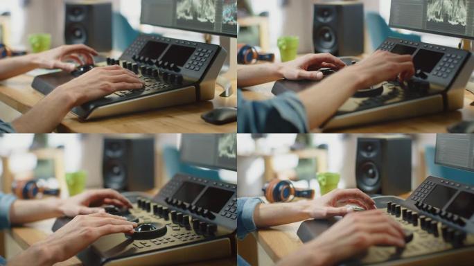 使用编辑控制台甲板在他的个人计算机上处理视频编辑器的手的特写镜头。他在凉爽的办公室阁楼工作。笔记本电