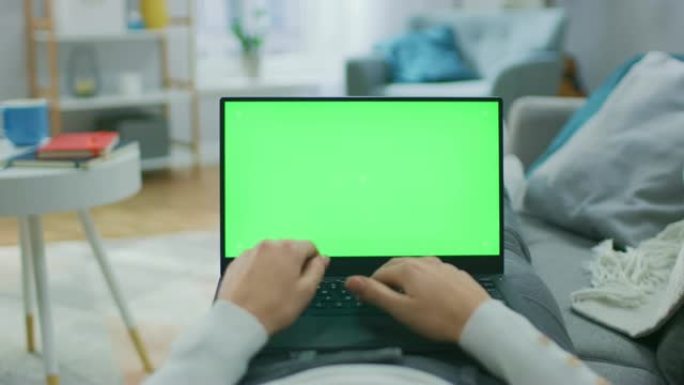 女人在家躺在沙发上，使用带有绿色模拟屏幕的笔记本电脑。女孩在电脑上打字，浏览互联网，做电子购物。视点