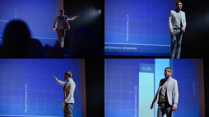 男性演讲者上台，向观众致意，并展示技术产品，在屏幕上显示信息图表，统计动画。设备发布/启动会议。慢动