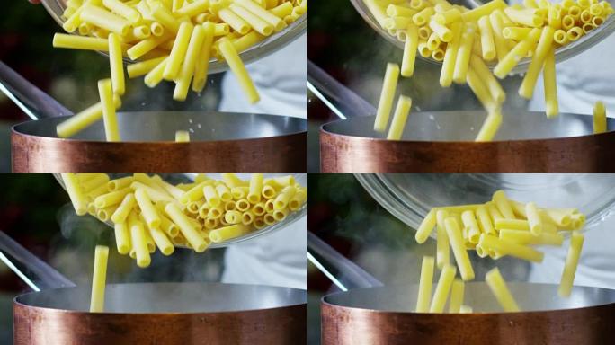 意大利面食在桌子上微距飞行的慢动作。质量上乘的意大利面团。