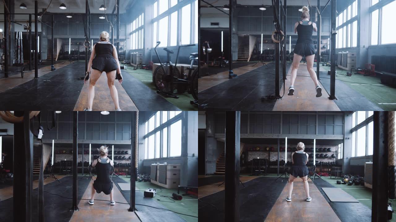 意志力和动力，镜头跟随年轻的运动金发女子向前跳跃，在健身房慢动作训练。