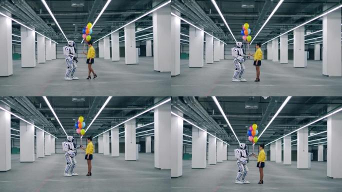 类似人类的机器人和一个女人拿着气球