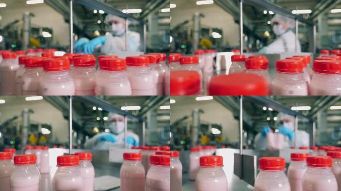 工厂工人从传送带上拿走装有酸奶的瓶子。