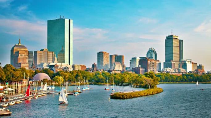 波士顿大观。河。金融区。船。天际线