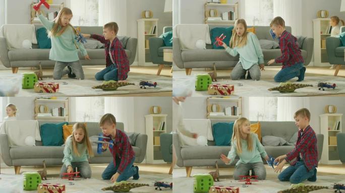 在客厅里: 男孩和女孩坐在地毯上玩玩具飞机和恐龙，最年轻的女孩在玩玩具时兜圈子。阳光明媚的客厅，孩子