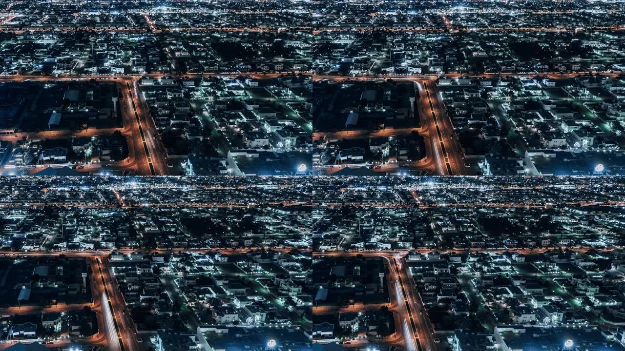 阿联酋迪拜夜间住宅区的T/L PAN鸟瞰图