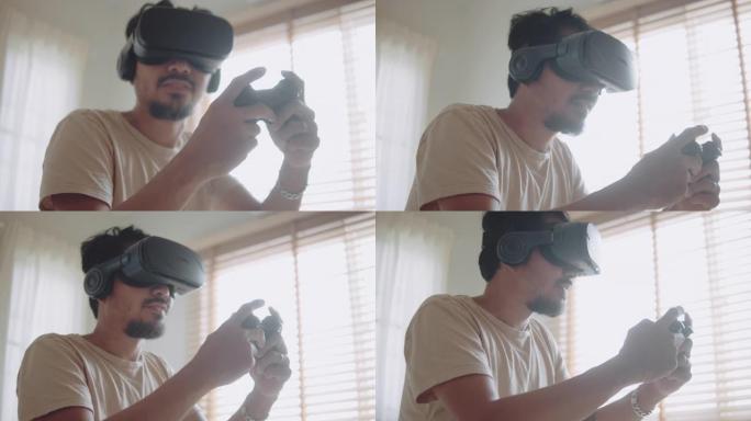 时髦的亚洲男子戴着VR，拿着操纵杆在家卧室玩游戏。