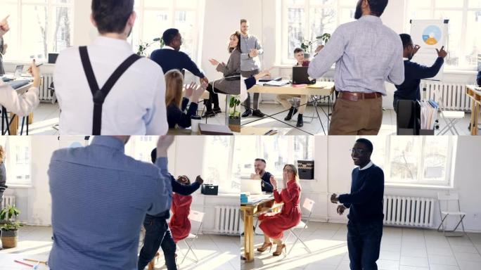 快乐有趣的非洲商人与工作场所的同事分享成功，在加薪后进行疯狂的庆祝舞蹈。