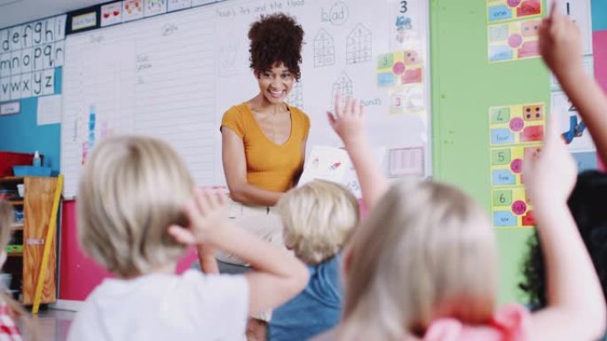 女老师在教室里读故事时，小学生举手回答问题