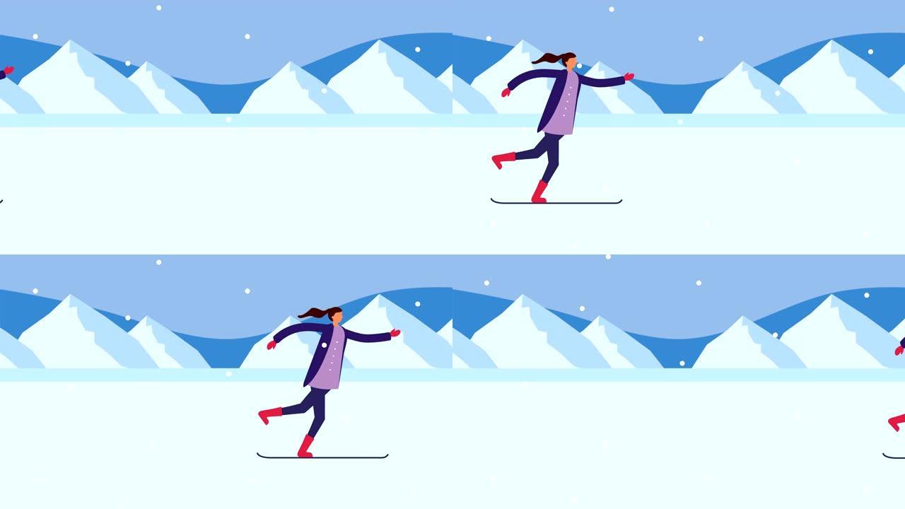 雪景中的年轻女子滑雪板