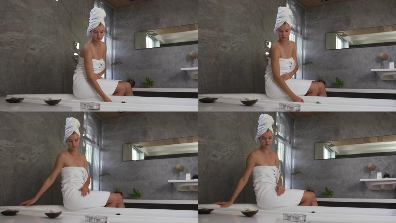 在酒店准备洗澡的白人妇女