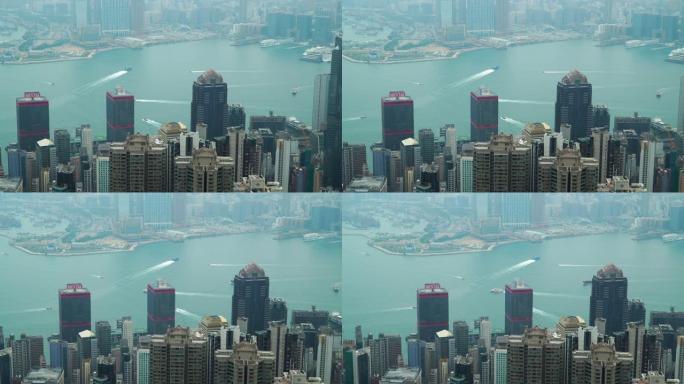 向香港摩天大楼景观和维多利亚港的左侧平移