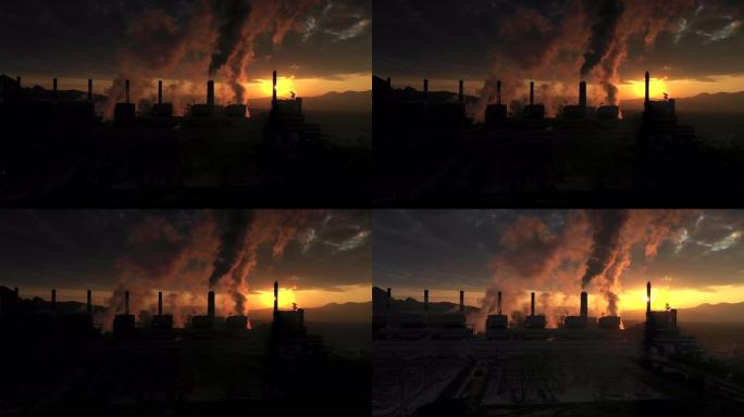 发电站厂上午燃煤发电站剪影，吸烟烟囱发电站，空气污染